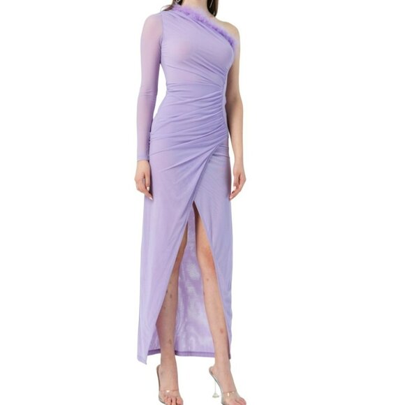 KikiRiki Feathered One Shoulder Front Slit Long Dress Lilac Purple Size Medium N - Picture 1 of 3